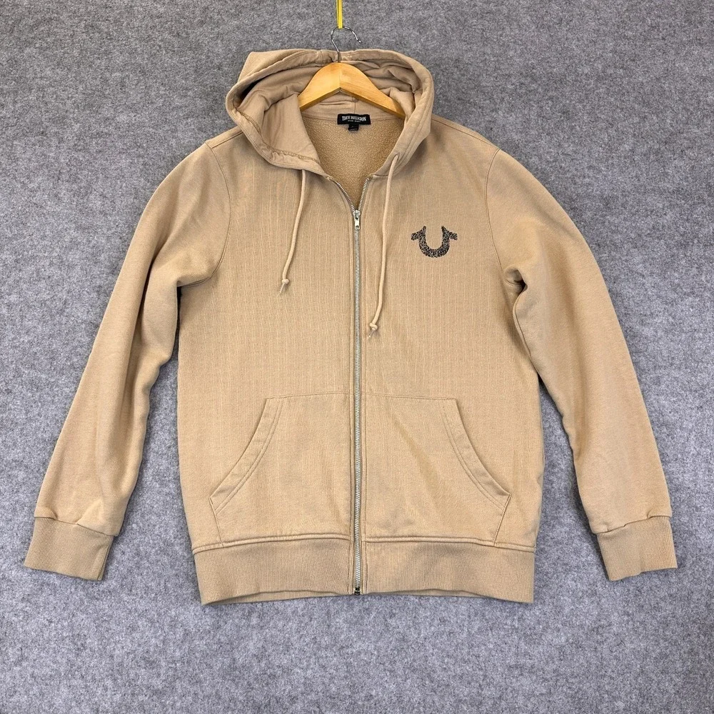 True‎ Religion Hoodie Sweatshirt Mens M Beige Full Zip Logo Front Back